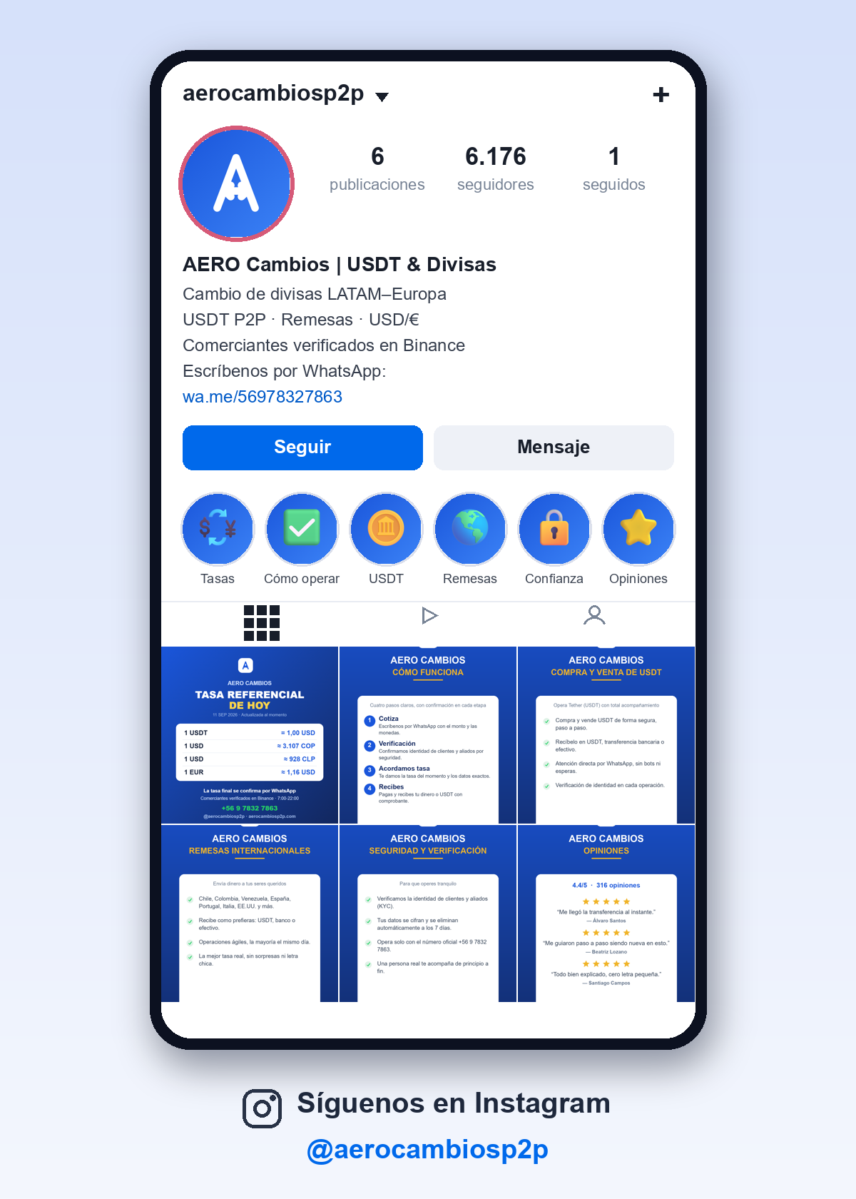 Perfil de Instagram de AERO Cambios (@aerocambiosp2p) con sus historias destacadas: Tasas, Cómo operar, USDT, Remesas, Confianza y Opiniones